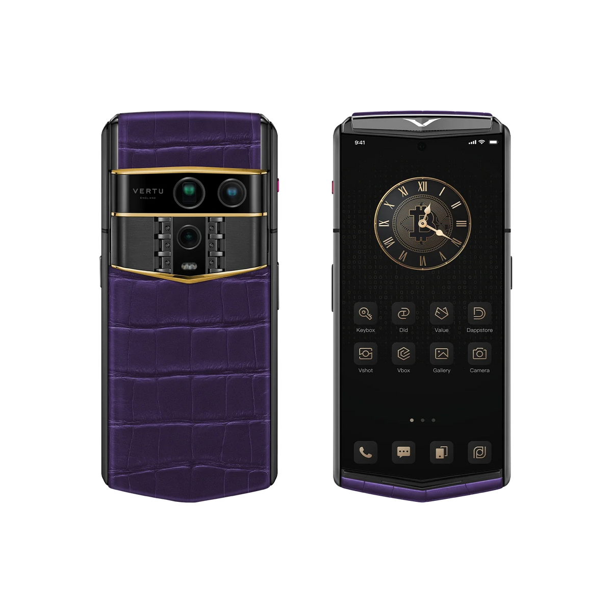 VERTU AGENT Q PHONE BESPOKE GRAPE PURPLE GOLD III ALLIGATOR SKIN, side profile with the hinge, alligator leather and gold