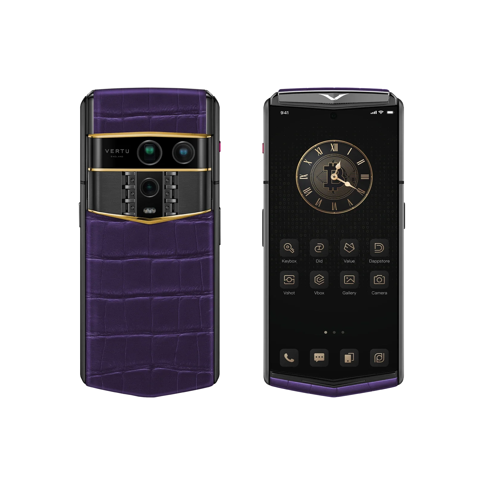 VERTU AGENT Q PHONE BESPOKE GRAPE PURPLE GOLD III ALLIGATOR SKIN, side profile with the hinge, alligator leather and gold