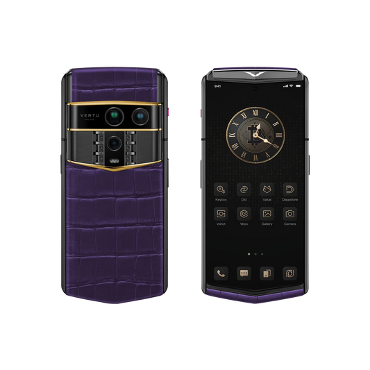 VERTU AGENT Q PHONE BESPOKE GRAPE PURPLE GOLD III ALLIGATOR SKIN, side profile with the hinge, alligator leather and gold