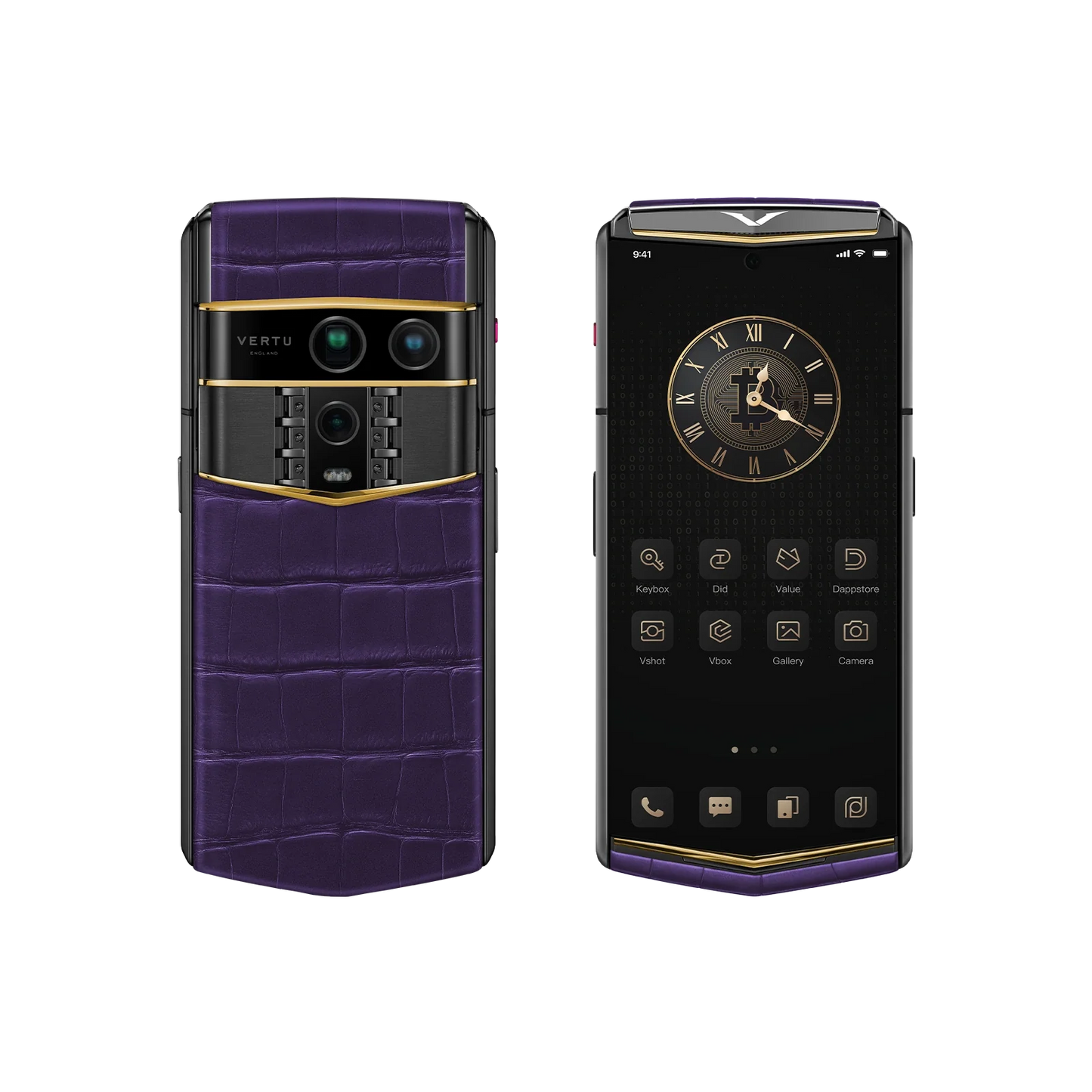 VERTU AGENT Q PHONE BESPOKE GRAPE PURPLE GOLD V ALLIGATOR SKIN with alligator leather and gold, close-up of the case