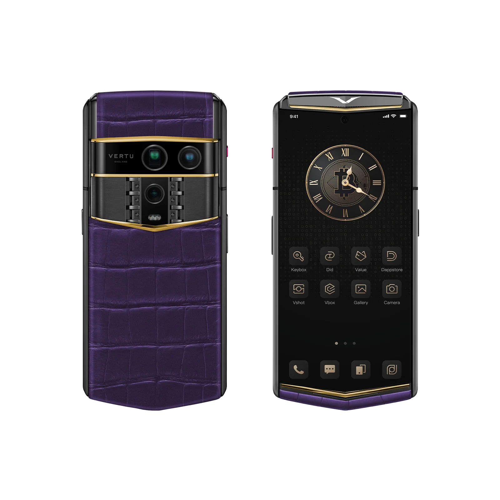 VERTU AGENT Q PHONE BESPOKE GRAPE PURPLE GOLD V ALLIGATOR SKIN with alligator leather and gold, close-up of the case