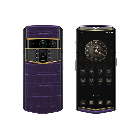 VERTU AGENT Q PHONE BESPOKE GRAPE PURPLE GOLD V ALLIGATOR SKIN with alligator leather and gold, close-up of the case