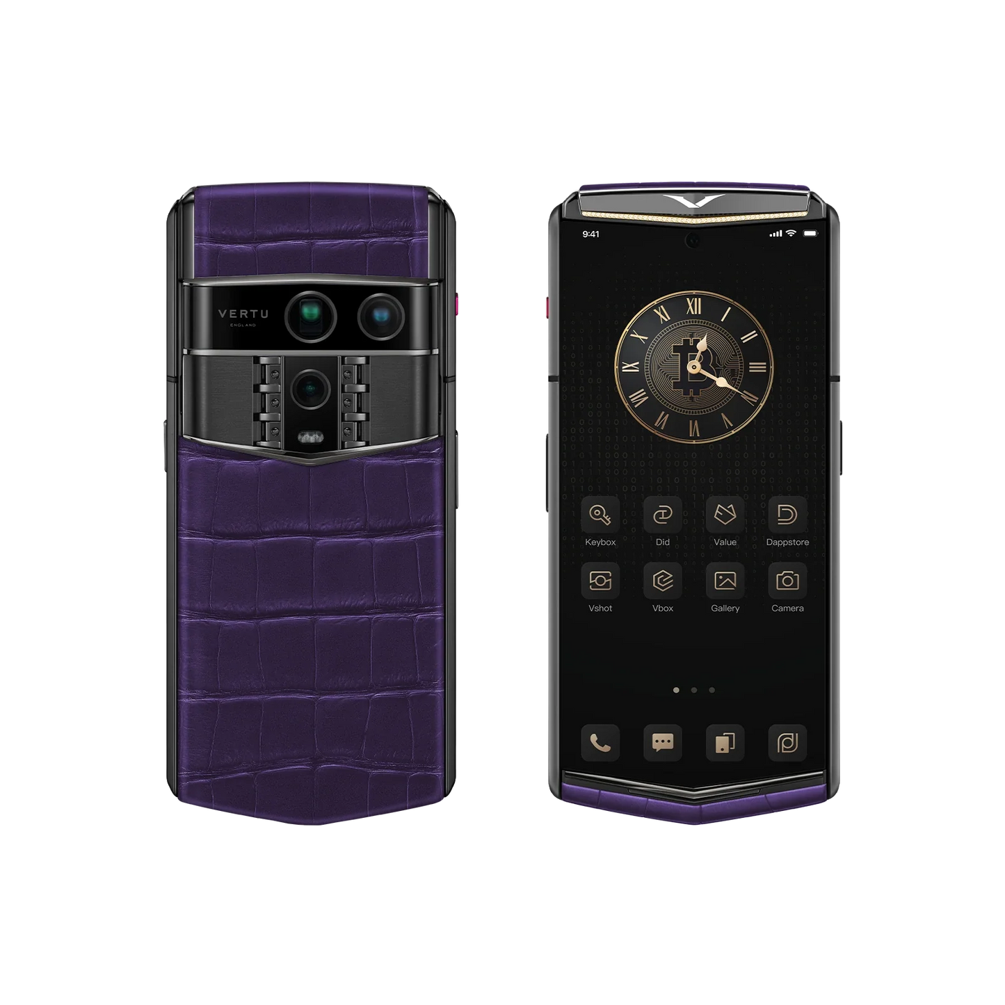 VERTU AGENT Q PHONE BESPOKE GRAPE PURPLE GOLD I & DIAMOND ALLIGATOR SKIN, seen from above