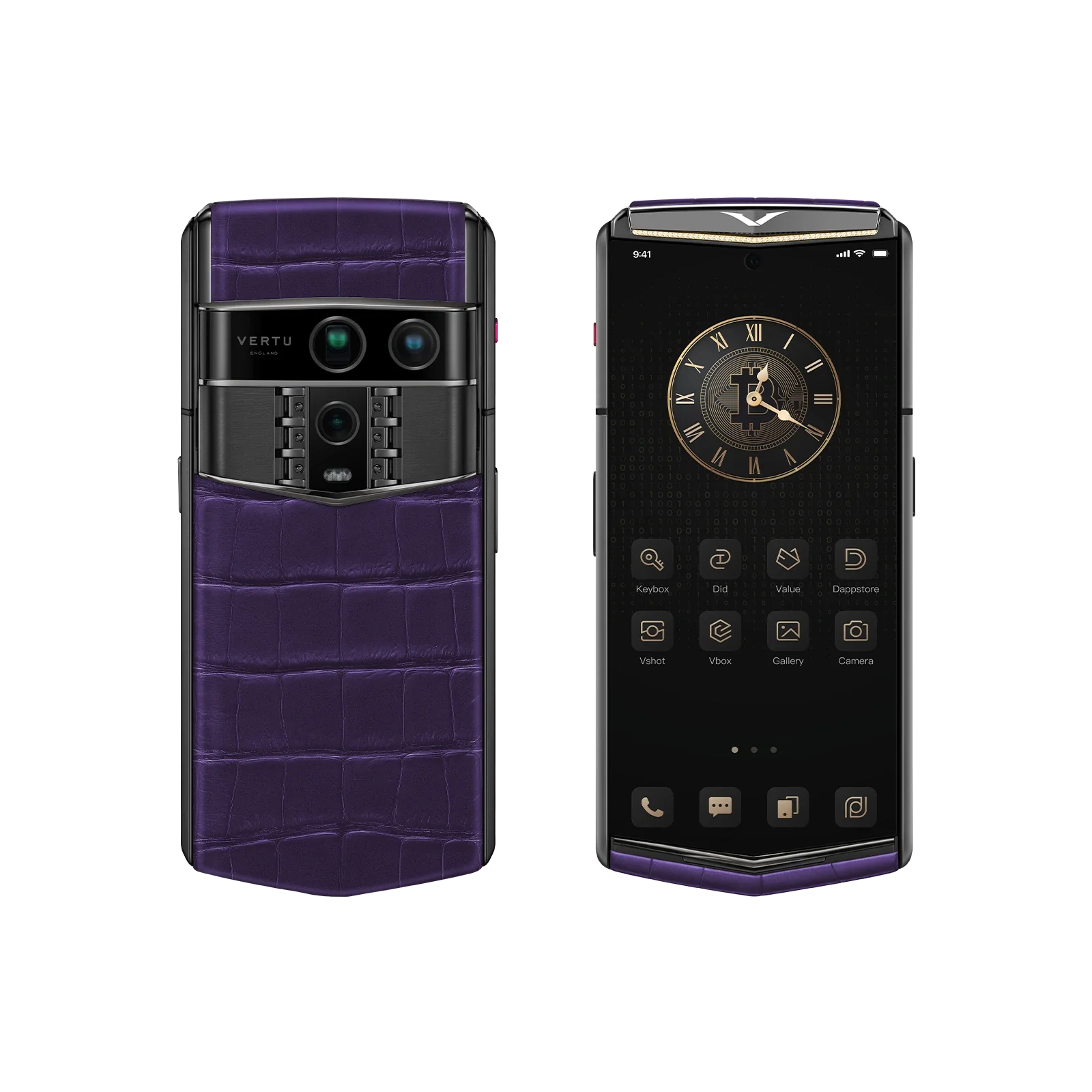 VERTU AGENT Q PHONE BESPOKE GRAPE PURPLE GOLD I & DIAMOND ALLIGATOR SKIN, seen from above