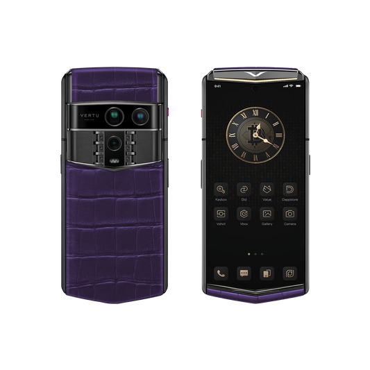 VERTU AGENT Q PHONE BESPOKE GRAPE PURPLE GOLD I & DIAMOND ALLIGATOR SKIN, seen from above