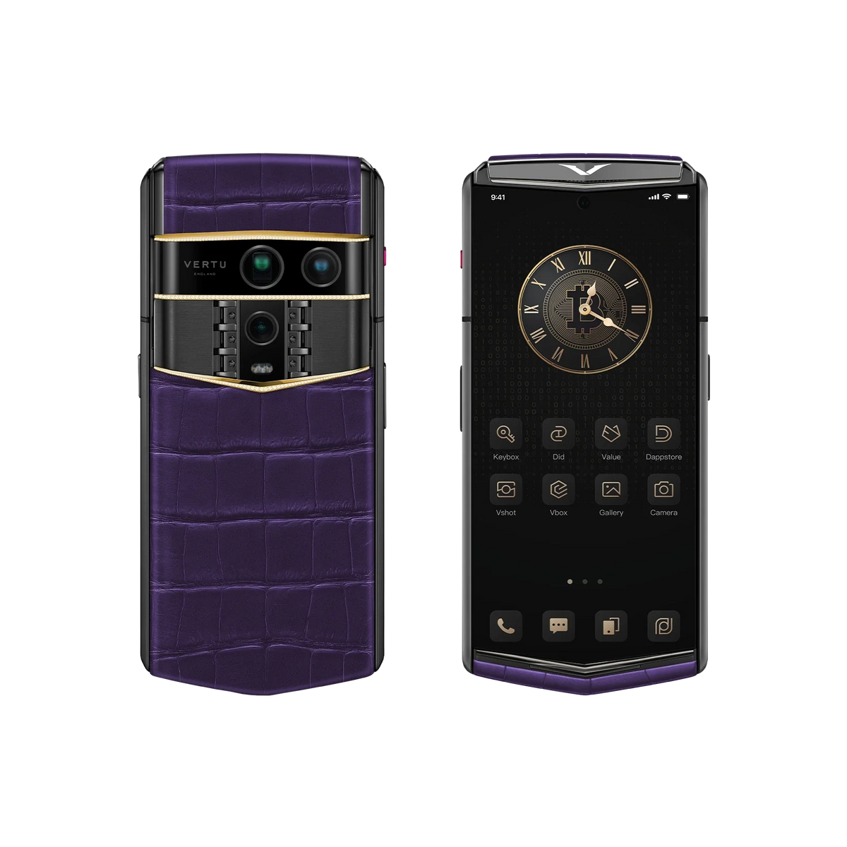 VERTU AGENT Q PHONE BESPOKE GRAPE PURPLE GOLD III & DIAMOND ALLIGATOR SKIN, three-quarter view