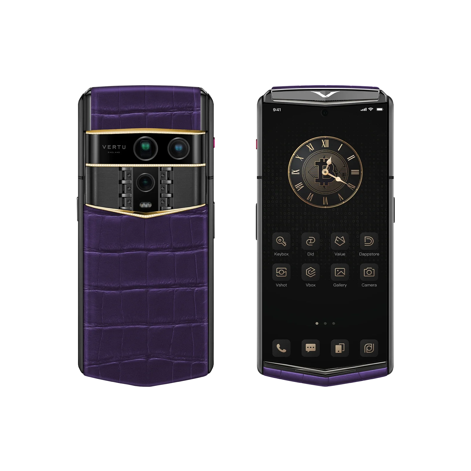 VERTU AGENT Q PHONE BESPOKE GRAPE PURPLE GOLD III & DIAMOND ALLIGATOR SKIN, three-quarter view
