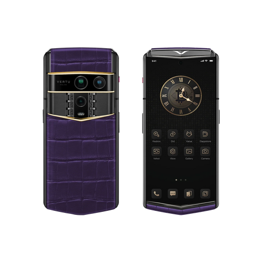 VERTU AGENT Q PHONE BESPOKE GRAPE PURPLE GOLD III & DIAMOND ALLIGATOR SKIN, three-quarter view