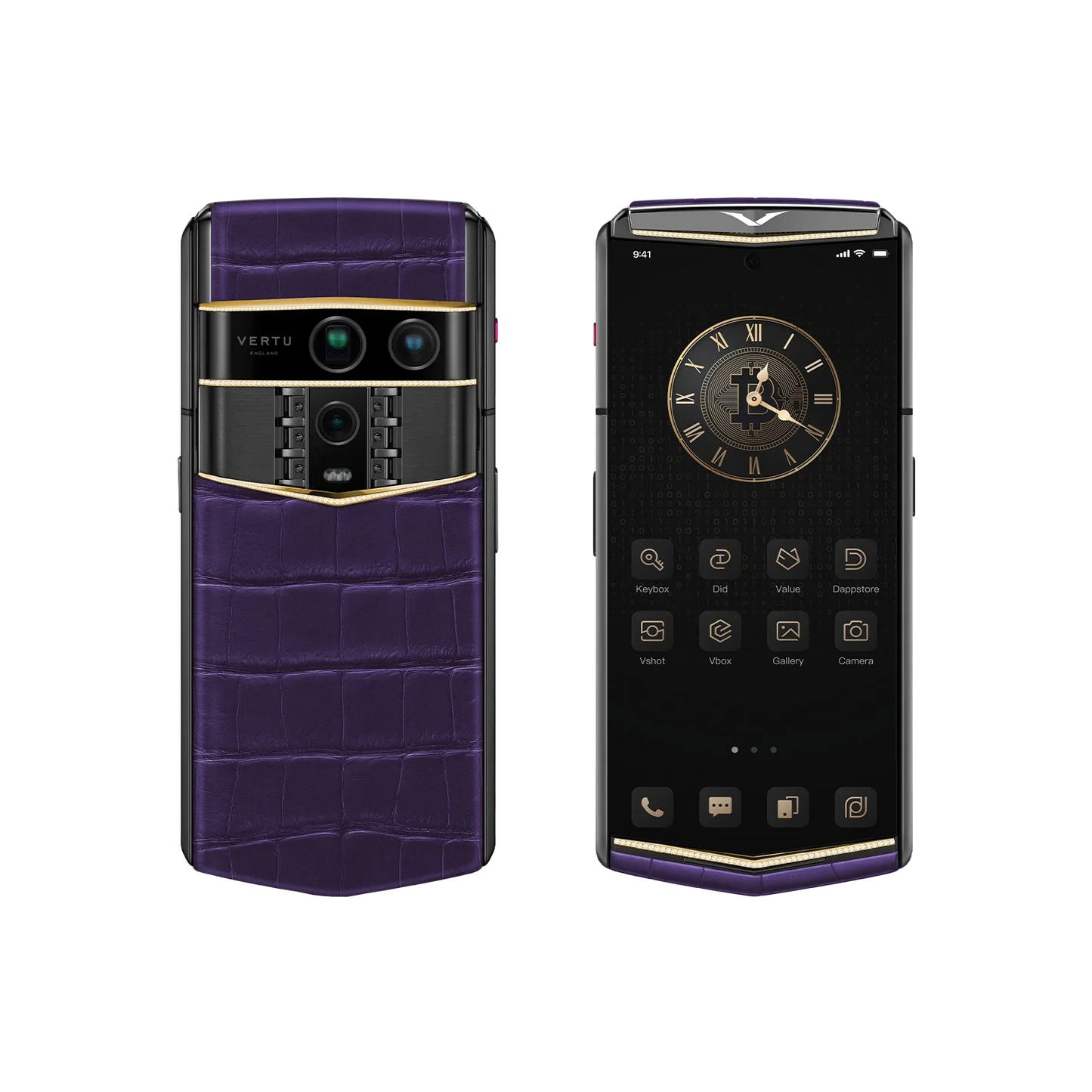 VERTU AGENT Q PHONE BESPOKE GRAPE PURPLE GOLD V & DIAMOND ALLIGATOR SKIN, back and front view