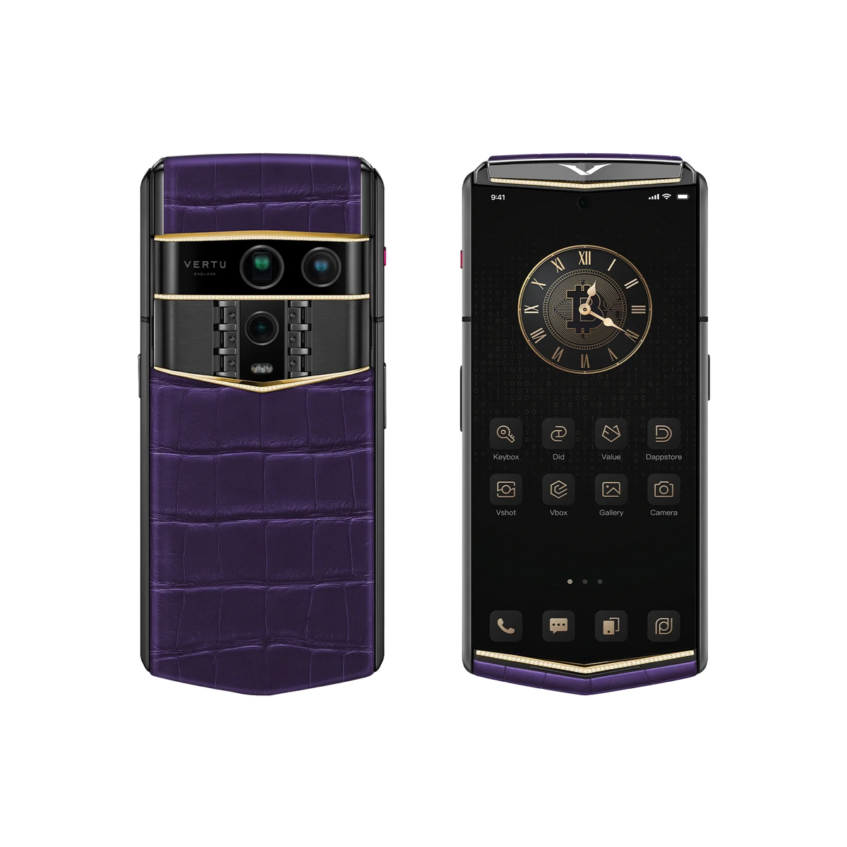 VERTU AGENT Q PHONE BESPOKE GRAPE PURPLE GOLD V & DIAMOND ALLIGATOR SKIN, back and front view
