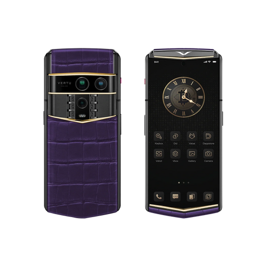 VERTU AGENT Q PHONE BESPOKE GRAPE PURPLE GOLD V & DIAMOND ALLIGATOR SKIN, back and front view