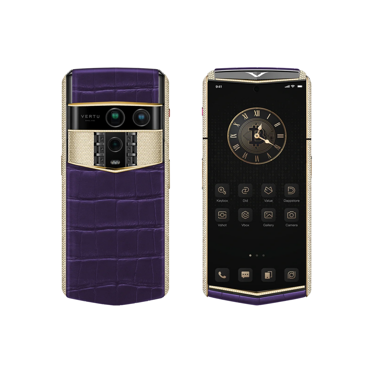 VERTU AGENT Q PHONE BESPOKE GRAPE PURPLE GOLD & FULL DIAMOND ALLIGATOR SKIN, front and back