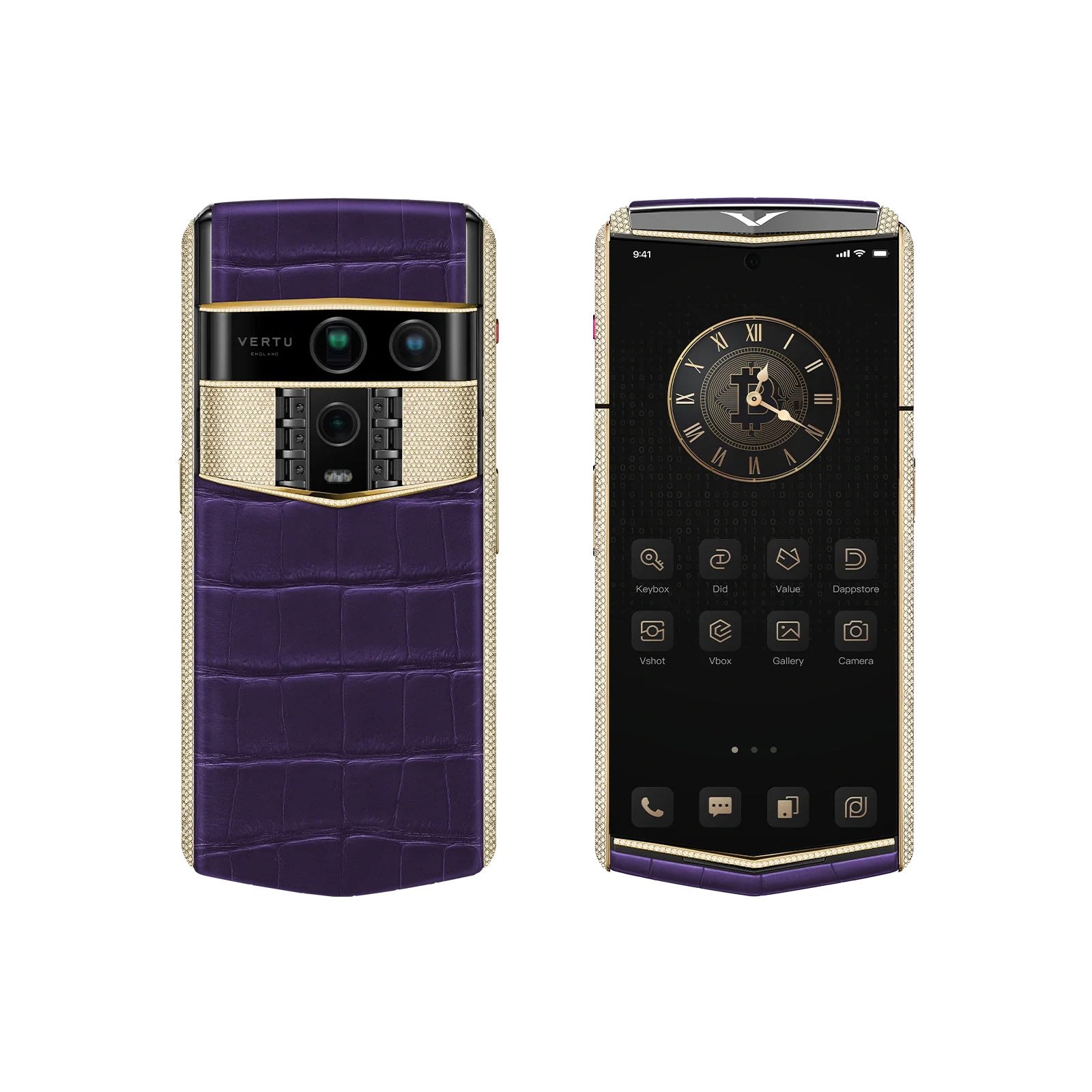 VERTU AGENT Q PHONE BESPOKE GRAPE PURPLE GOLD & FULL DIAMOND ALLIGATOR SKIN, front and back