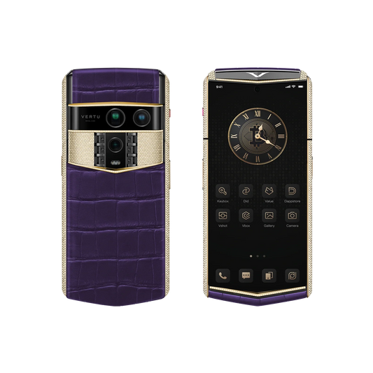 VERTU AGENT Q PHONE BESPOKE GRAPE PURPLE GOLD & FULL DIAMOND ALLIGATOR SKIN, front and back