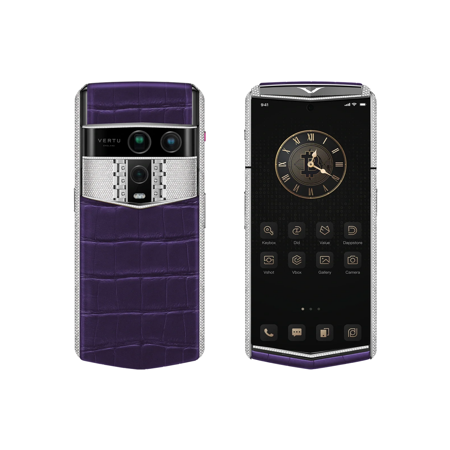 VERTU AGENT Q PHONE BESPOKE GRAPE PURPLE WHITE GOLD & FULL DIAMOND ALLIGATOR SKIN, shown from the back and the front