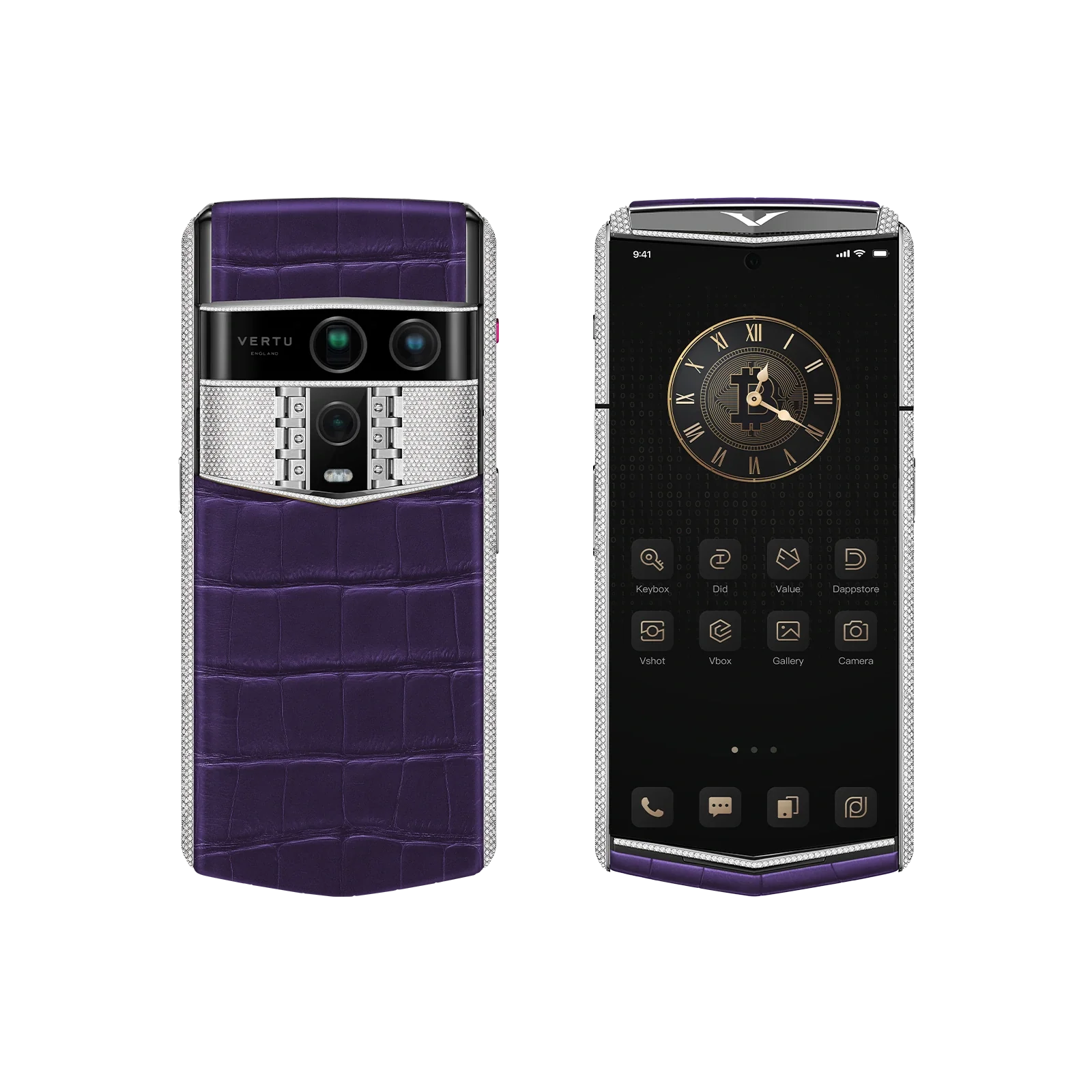 VERTU AGENT Q PHONE BESPOKE GRAPE PURPLE WHITE GOLD & FULL DIAMOND ALLIGATOR SKIN, shown from the back and the front