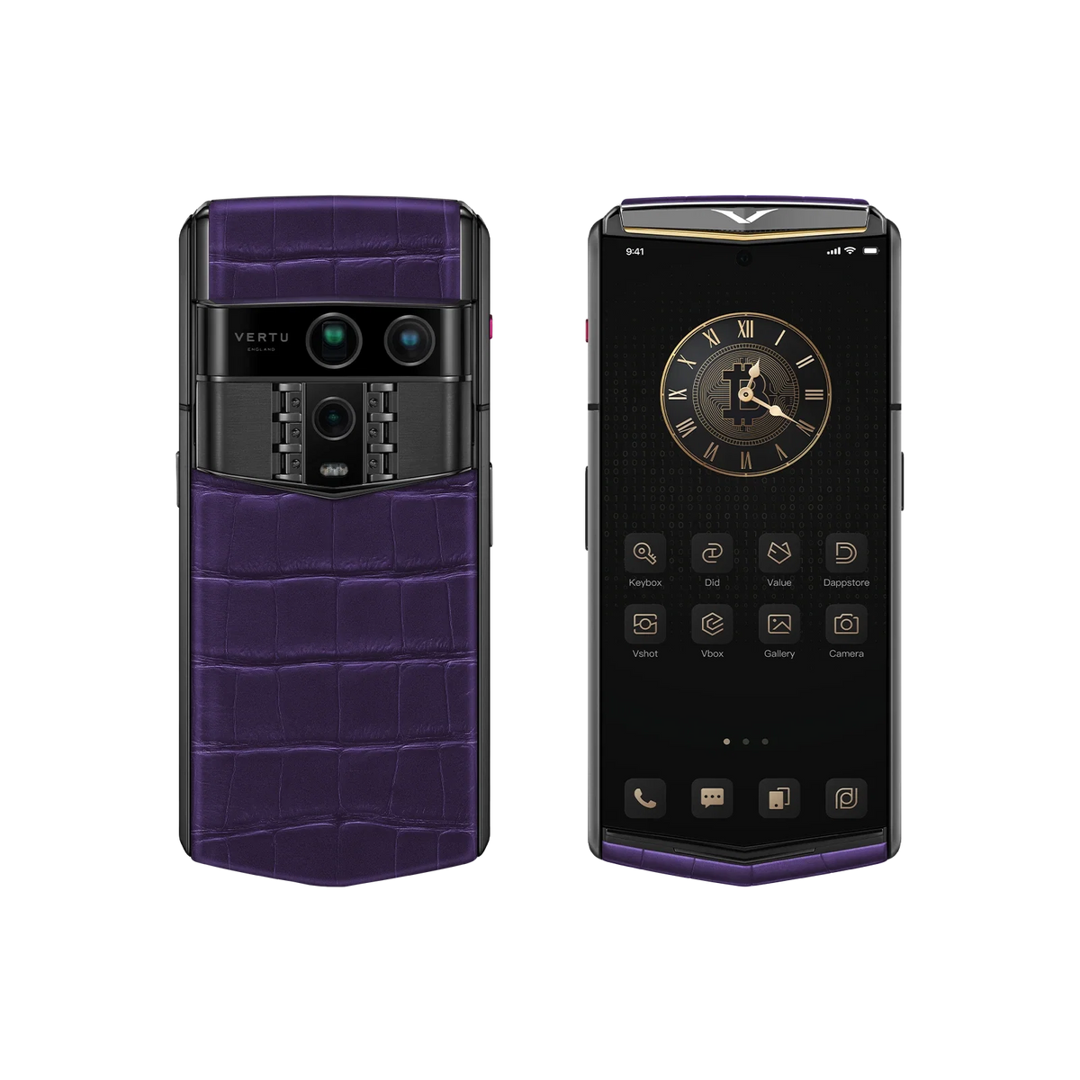VERTU AGENT Q PHONE BESPOKE GRAPE PURPLE GOLD I ALLIGATOR SKIN, open, showing the inner screen, alligator leather and gold
