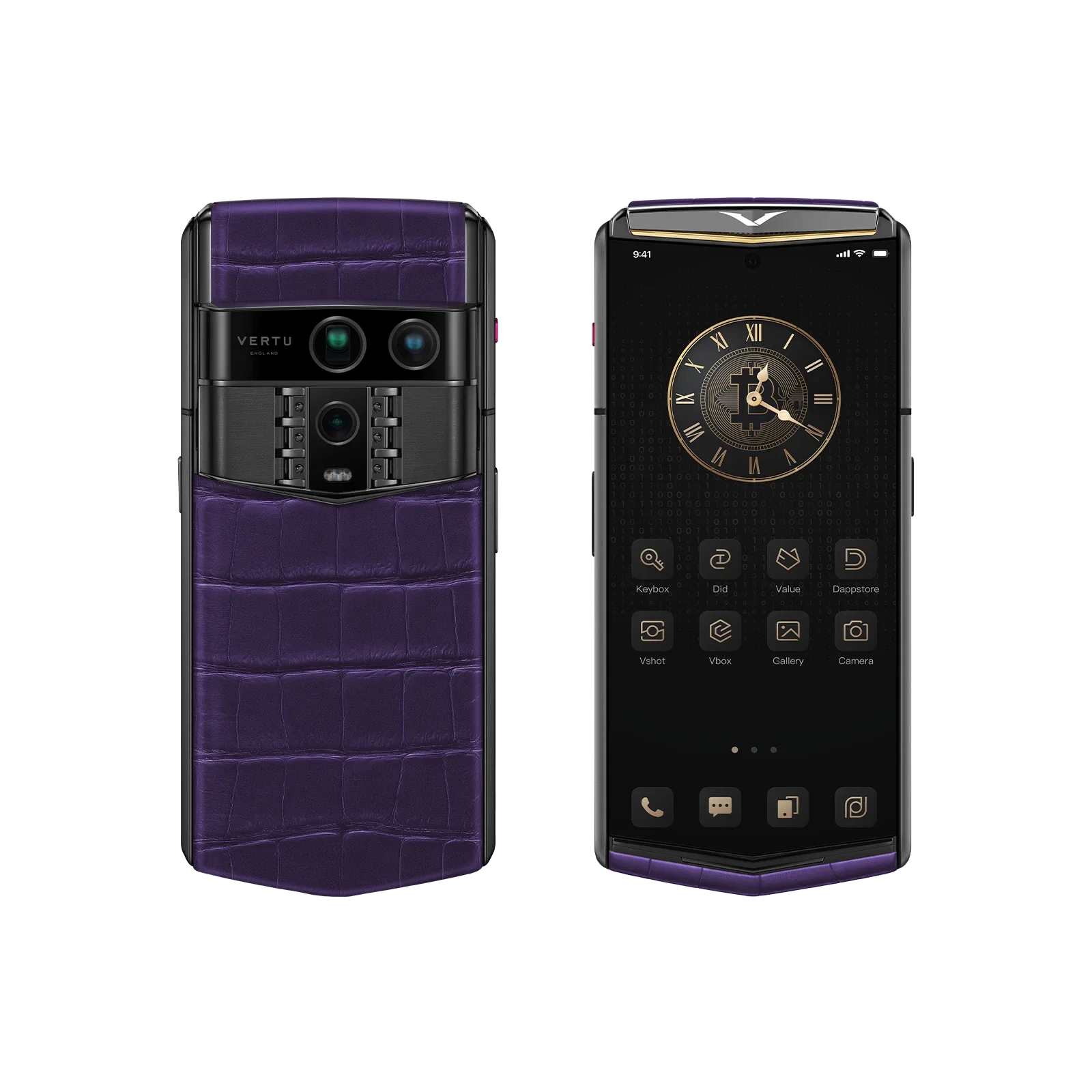 VERTU AGENT Q PHONE BESPOKE GRAPE PURPLE GOLD I ALLIGATOR SKIN, open, showing the inner screen, alligator leather and gold
