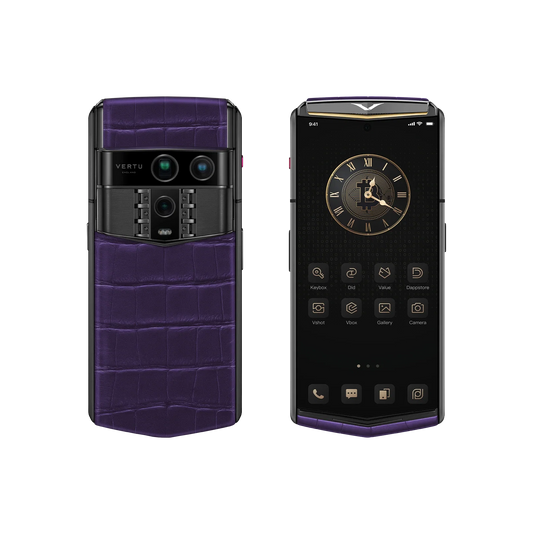 VERTU AGENT Q PHONE BESPOKE GRAPE PURPLE GOLD I ALLIGATOR SKIN, open, showing the inner screen, alligator leather and gold