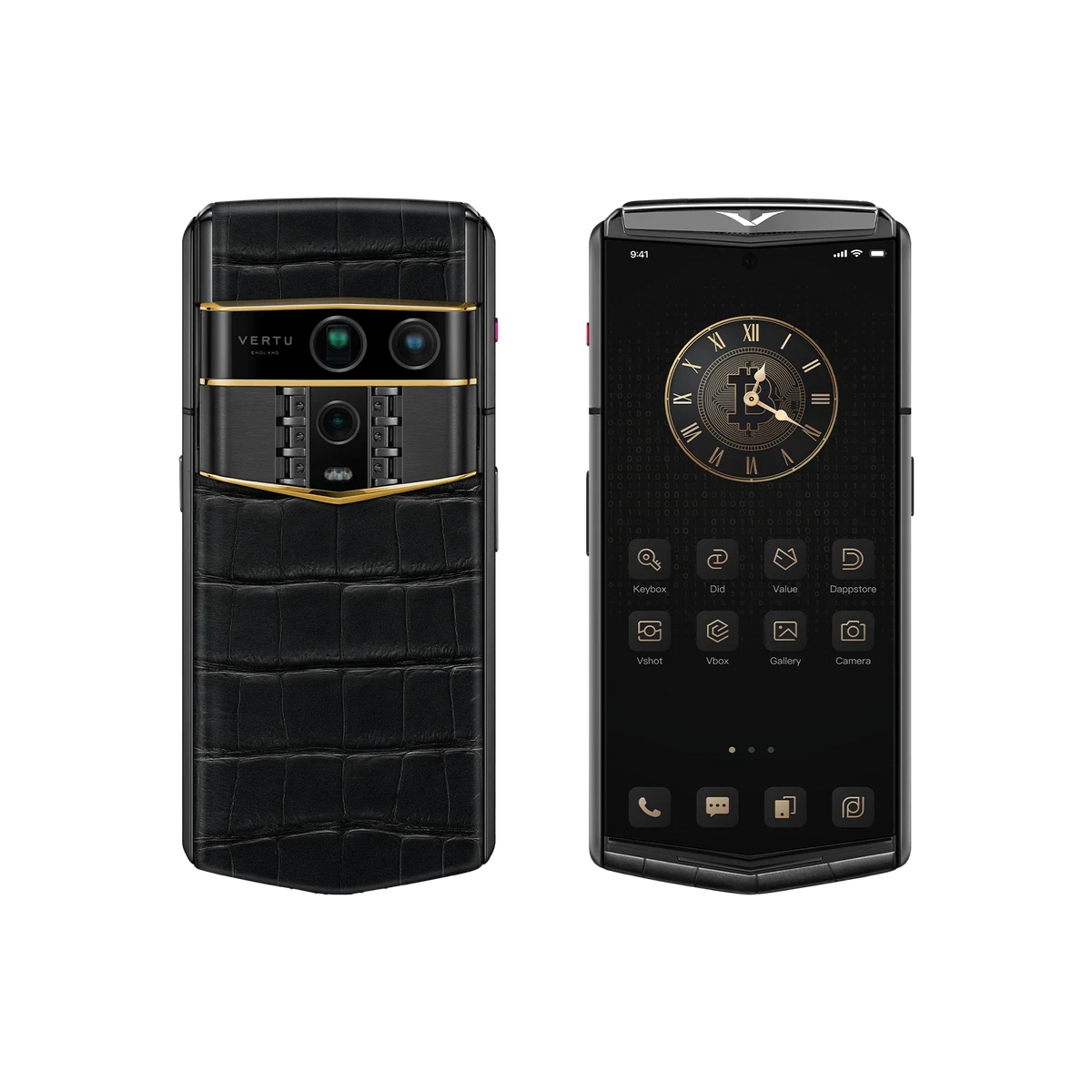 VERTU AGENT Q PHONE BESPOKE IRON BLACK GOLD III ALLIGATOR SKIN, three-quarter view, alligator leather and gold case