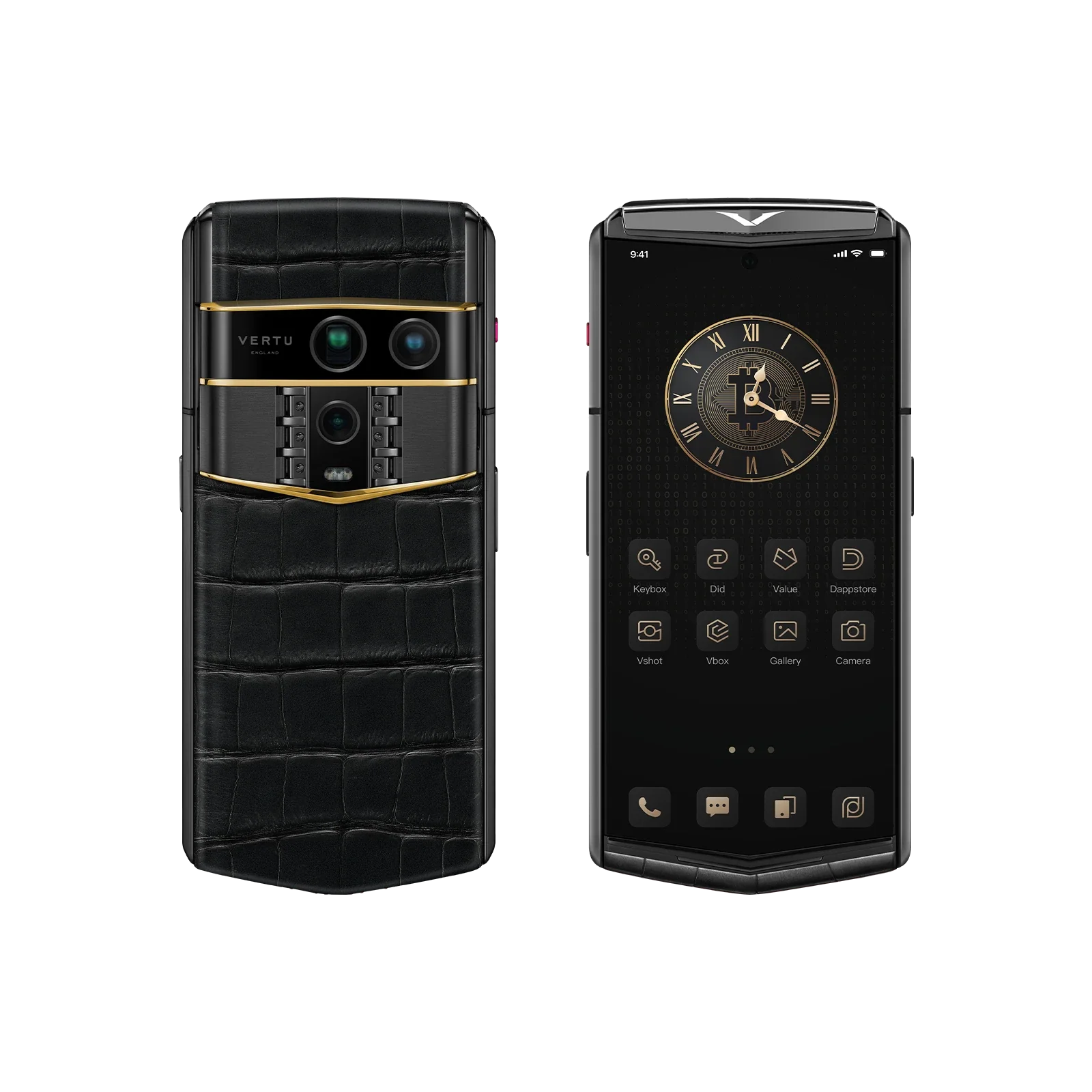 VERTU AGENT Q PHONE BESPOKE IRON BLACK GOLD III ALLIGATOR SKIN, three-quarter view, alligator leather and gold case