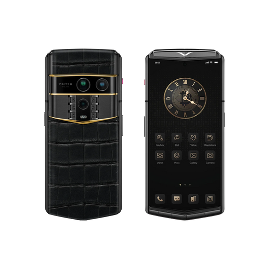 VERTU AGENT Q PHONE BESPOKE IRON BLACK GOLD III ALLIGATOR SKIN, three-quarter view, alligator leather and gold case