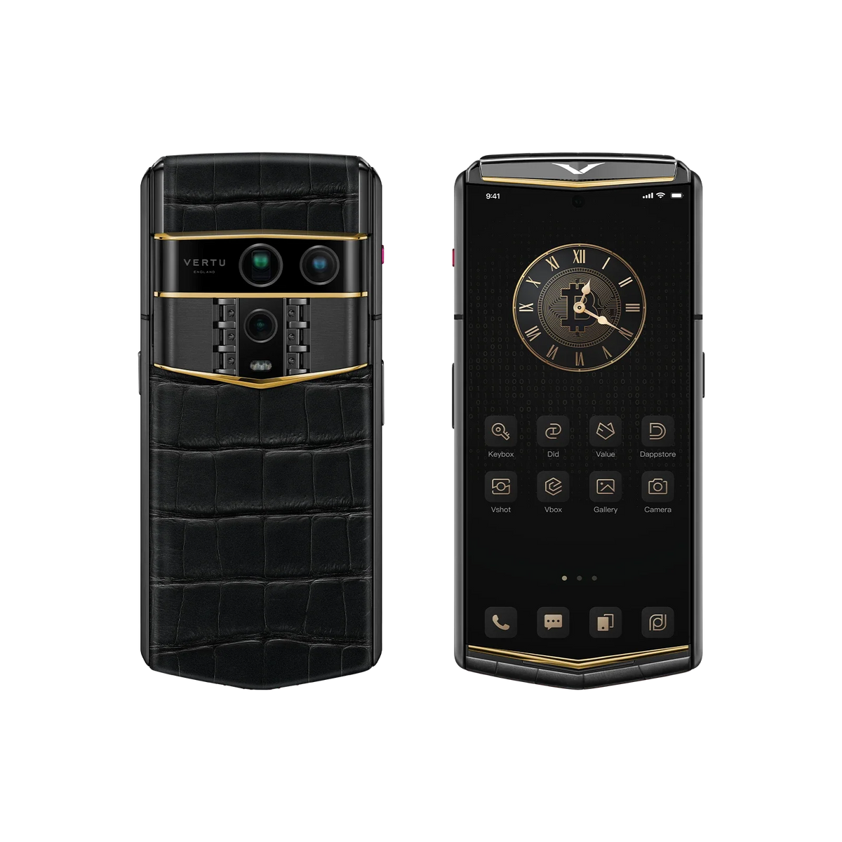 VERTU AGENT Q PHONE BESPOKE IRON BLACK GOLD V ALLIGATOR SKIN, back and front view with alligator leather and gold case