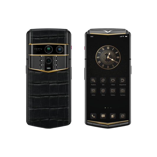 VERTU AGENT Q PHONE BESPOKE IRON BLACK GOLD V ALLIGATOR SKIN, back and front view with alligator leather and gold case