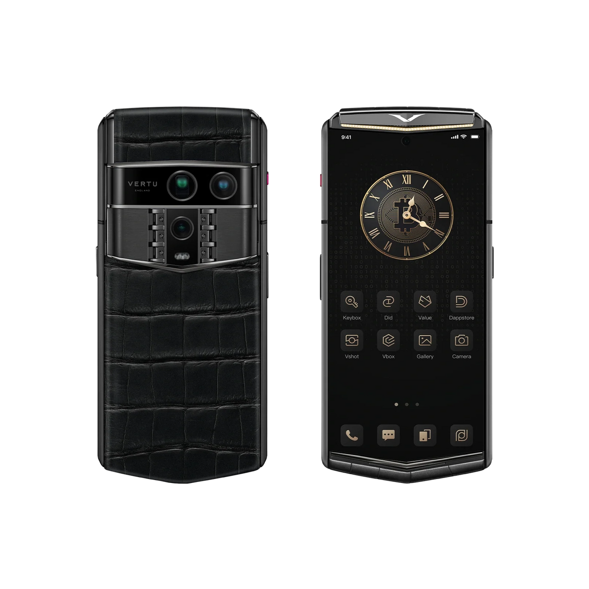 VERTU AGENT Q PHONE BESPOKE IRON BLACK GOLD I & DIAMOND ALLIGATOR SKIN, shown from the back and the front