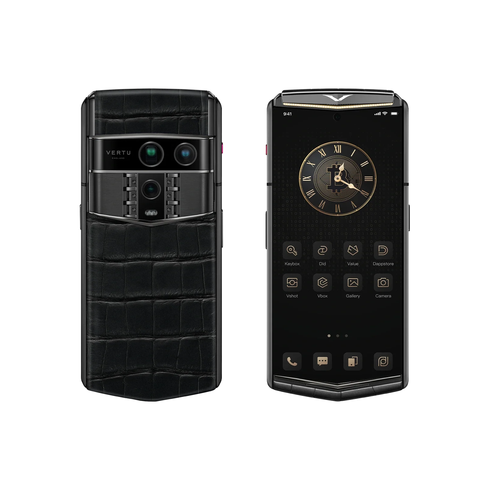VERTU AGENT Q PHONE BESPOKE IRON BLACK GOLD I & DIAMOND ALLIGATOR SKIN, shown from the back and the front