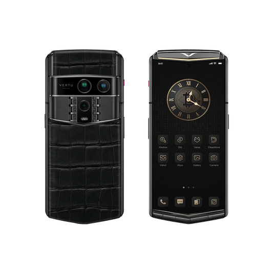 VERTU AGENT Q PHONE BESPOKE IRON BLACK GOLD I & DIAMOND ALLIGATOR SKIN, shown from the back and the front