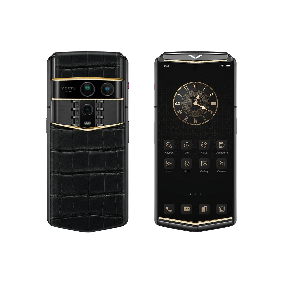 VERTU AGENT Q PHONE BESPOKE IRON BLACK GOLD V & DIAMOND ALLIGATOR SKIN, rear panel and screen