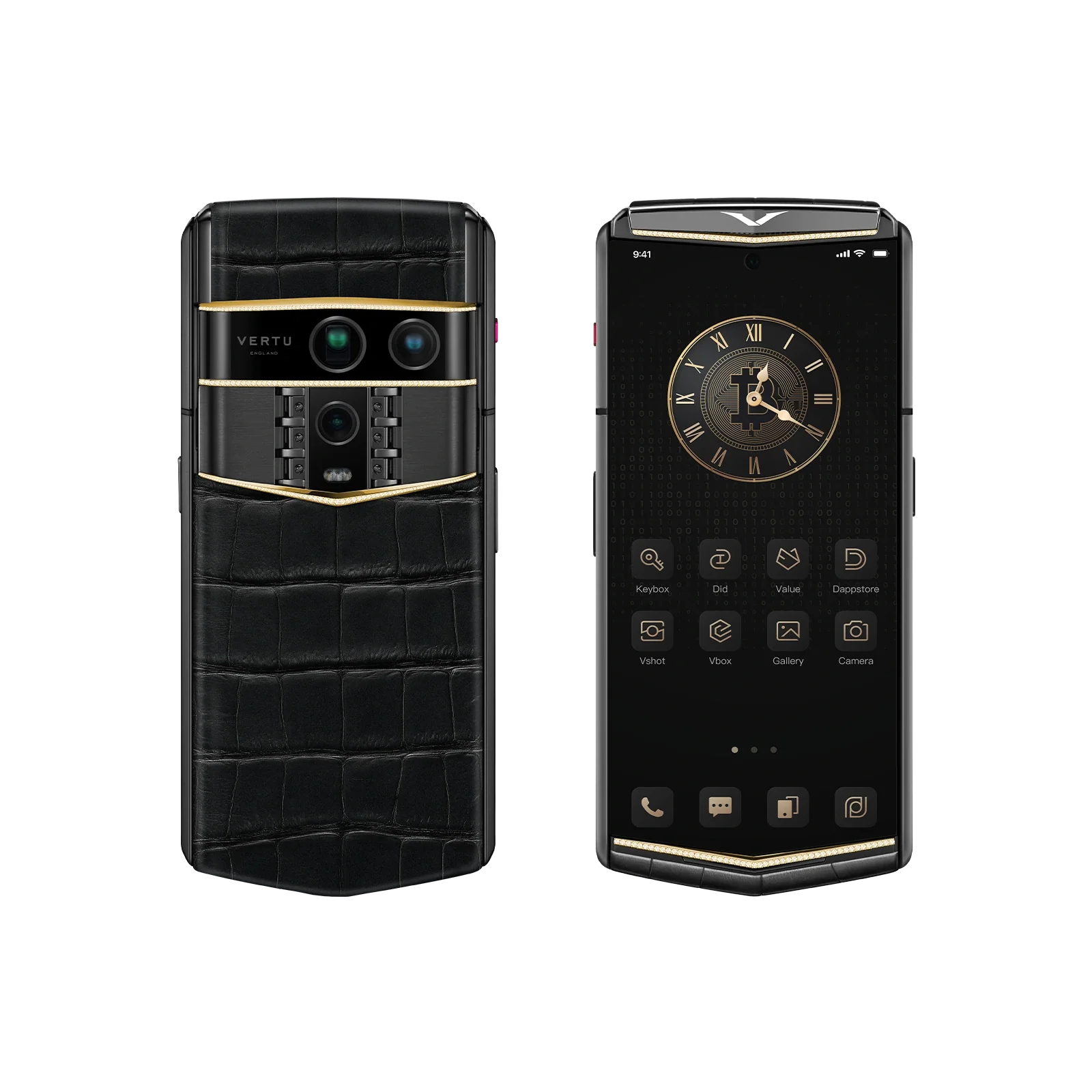 VERTU AGENT Q PHONE BESPOKE IRON BLACK GOLD V & DIAMOND ALLIGATOR SKIN, rear panel and screen