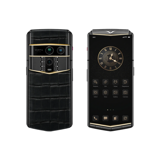 VERTU AGENT Q PHONE BESPOKE IRON BLACK GOLD V & DIAMOND ALLIGATOR SKIN, rear panel and screen