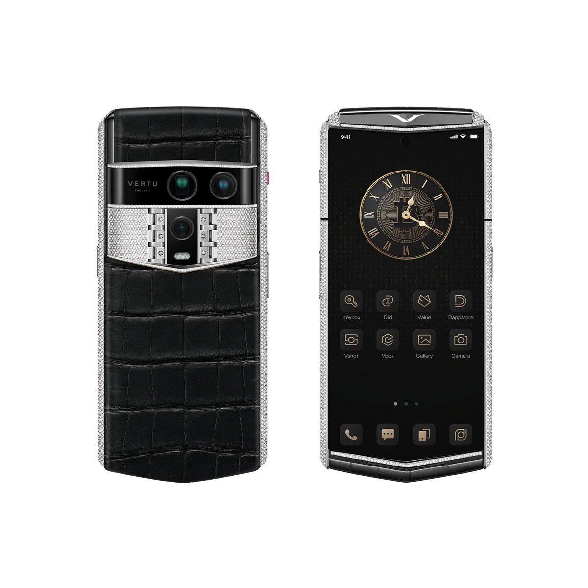 VERTU AGENT Q PHONE BESPOKE IRON BLACK WHITE GOLD & FULL DIAMOND ALLIGATOR SKIN, back panel with the screen alongside