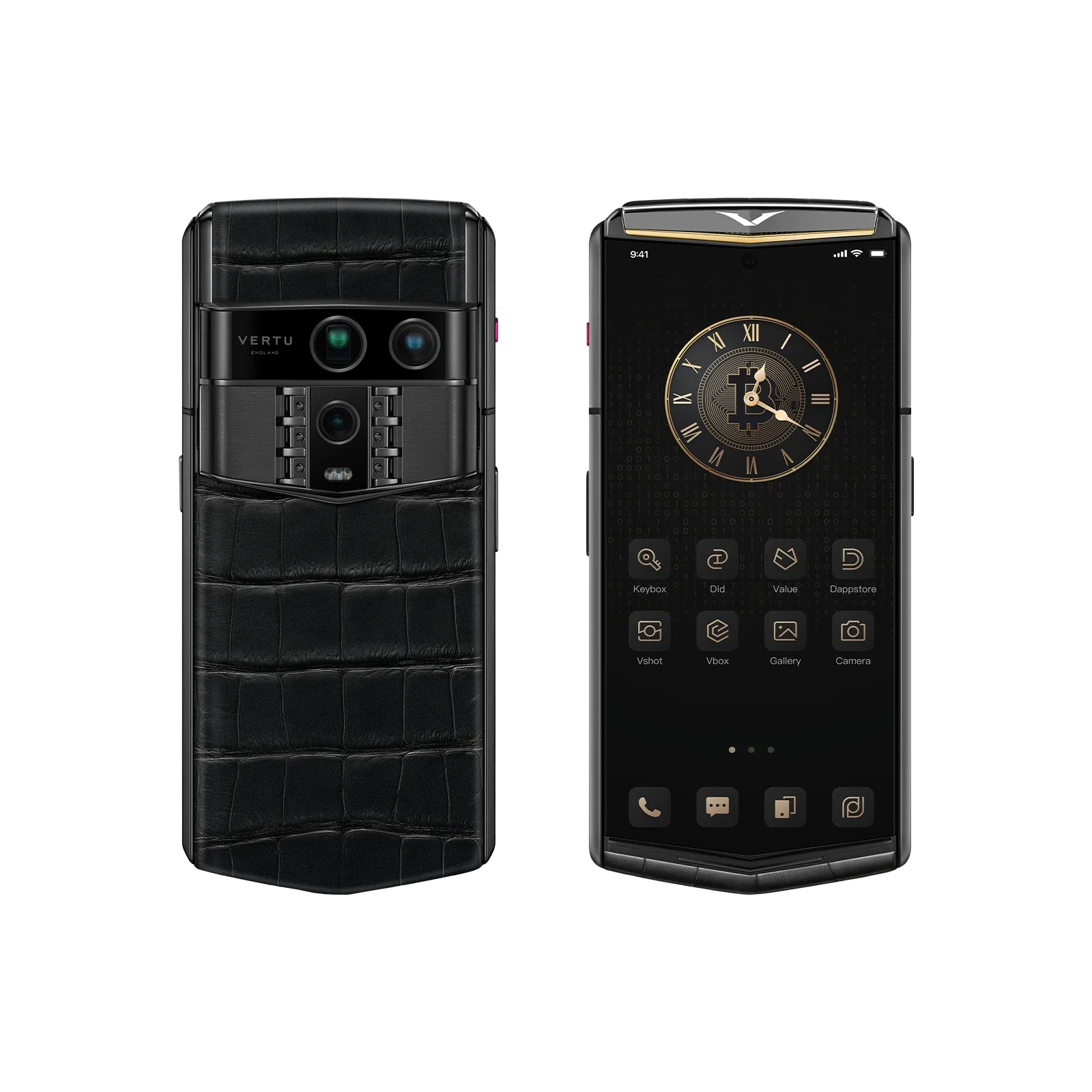 VERTU AGENT Q PHONE BESPOKE IRON BLACK GOLD I ALLIGATOR SKIN with alligator leather and gold, seen from above