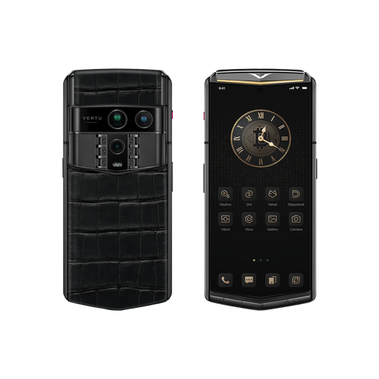 VERTU AGENT Q PHONE BESPOKE IRON BLACK GOLD I ALLIGATOR SKIN with alligator leather and gold, seen from above