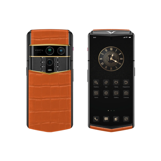 VERTU AGENT Q PHONE BESPOKE RADIANT PHOENIX GOLD III ALLIGATOR SKIN, seen from above, alligator leather and gold