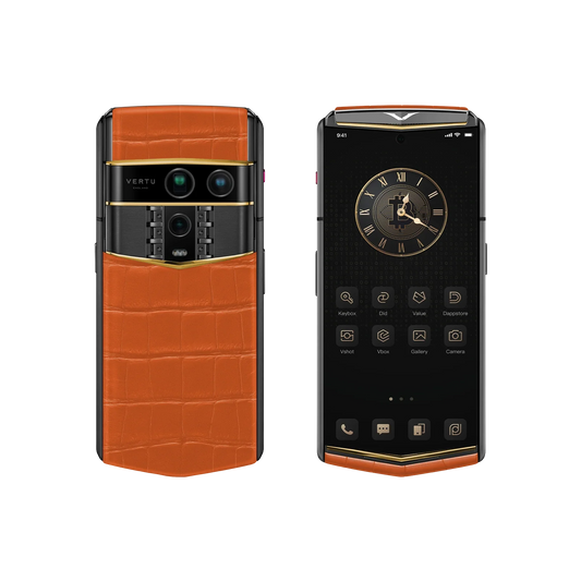 VERTU AGENT Q PHONE BESPOKE RADIANT PHOENIX GOLD V ALLIGATOR SKIN, alligator leather and gold case, three-quarter view