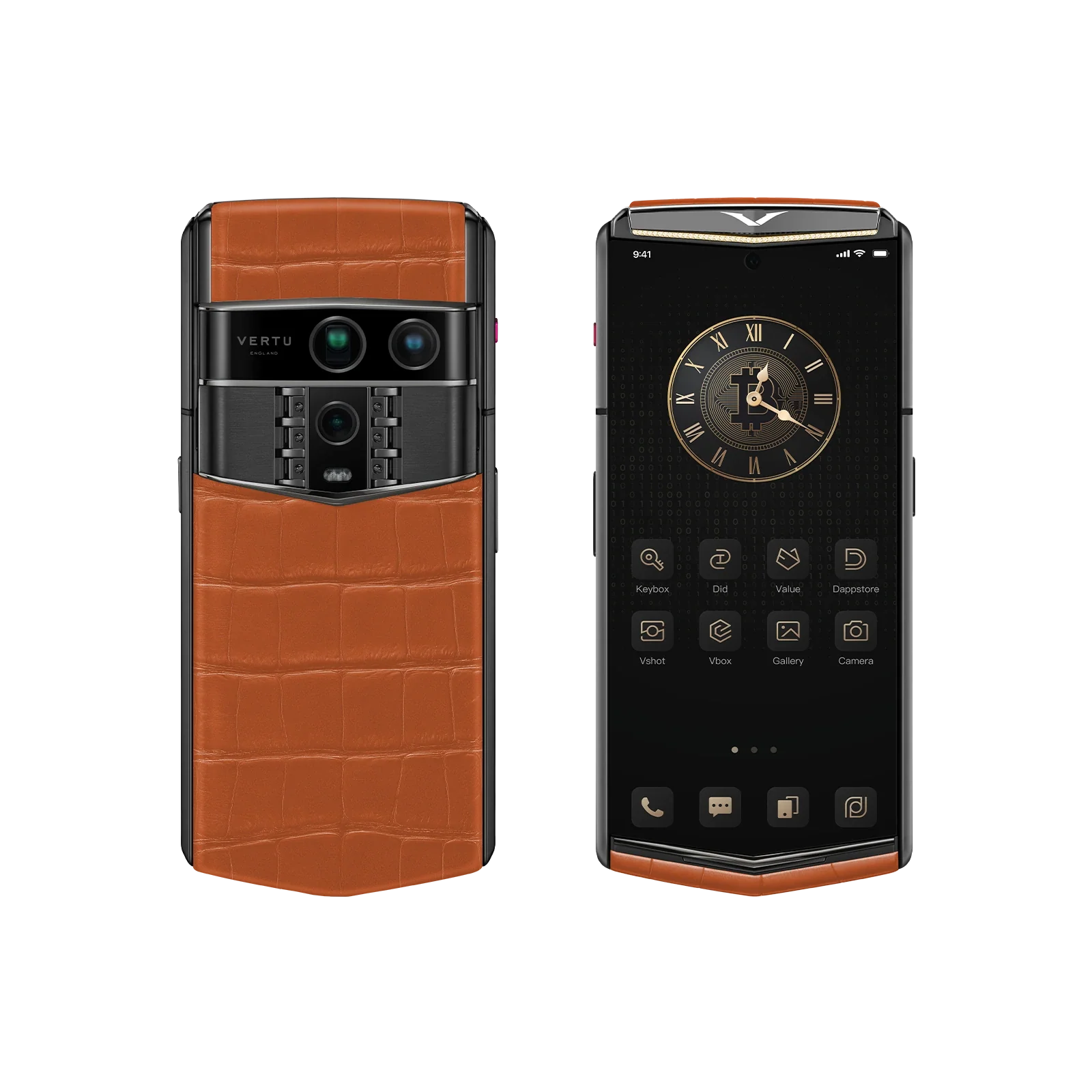 VERTU AGENT Q PHONE BESPOKE RADIANT PHOENIX GOLD I & DIAMOND ALLIGATOR SKIN, back and front view