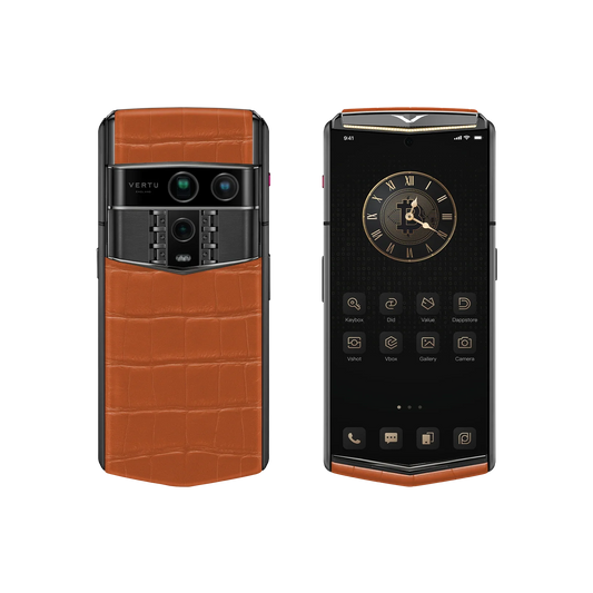 VERTU AGENT Q PHONE BESPOKE RADIANT PHOENIX GOLD I & DIAMOND ALLIGATOR SKIN, back and front view