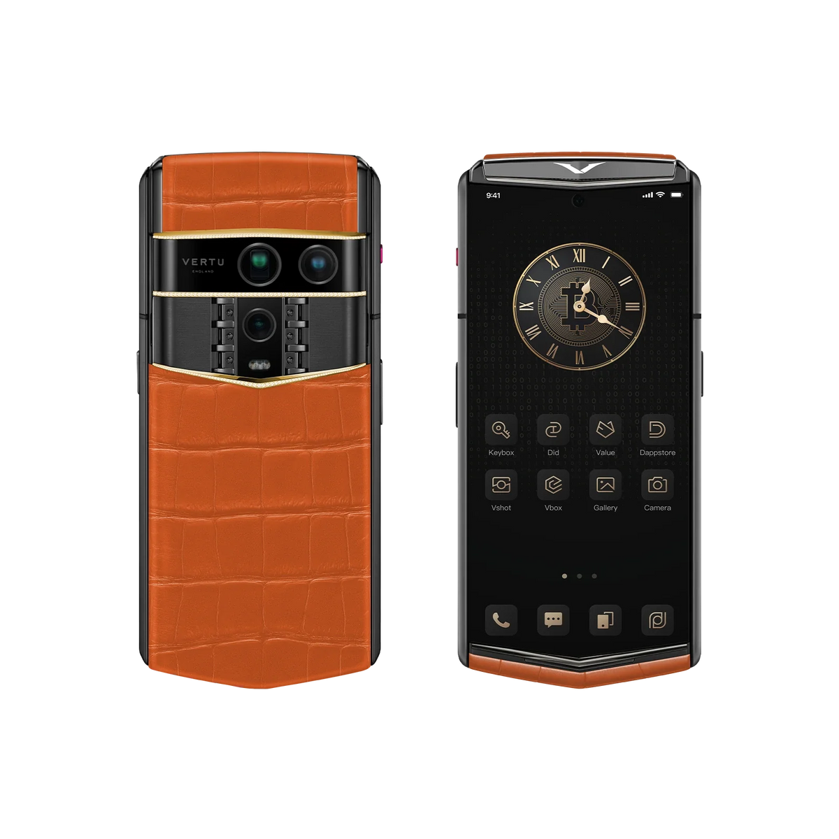 VERTU AGENT Q PHONE BESPOKE RADIANT PHOENIX GOLD III & DIAMOND ALLIGATOR SKIN, shown from the back and the front