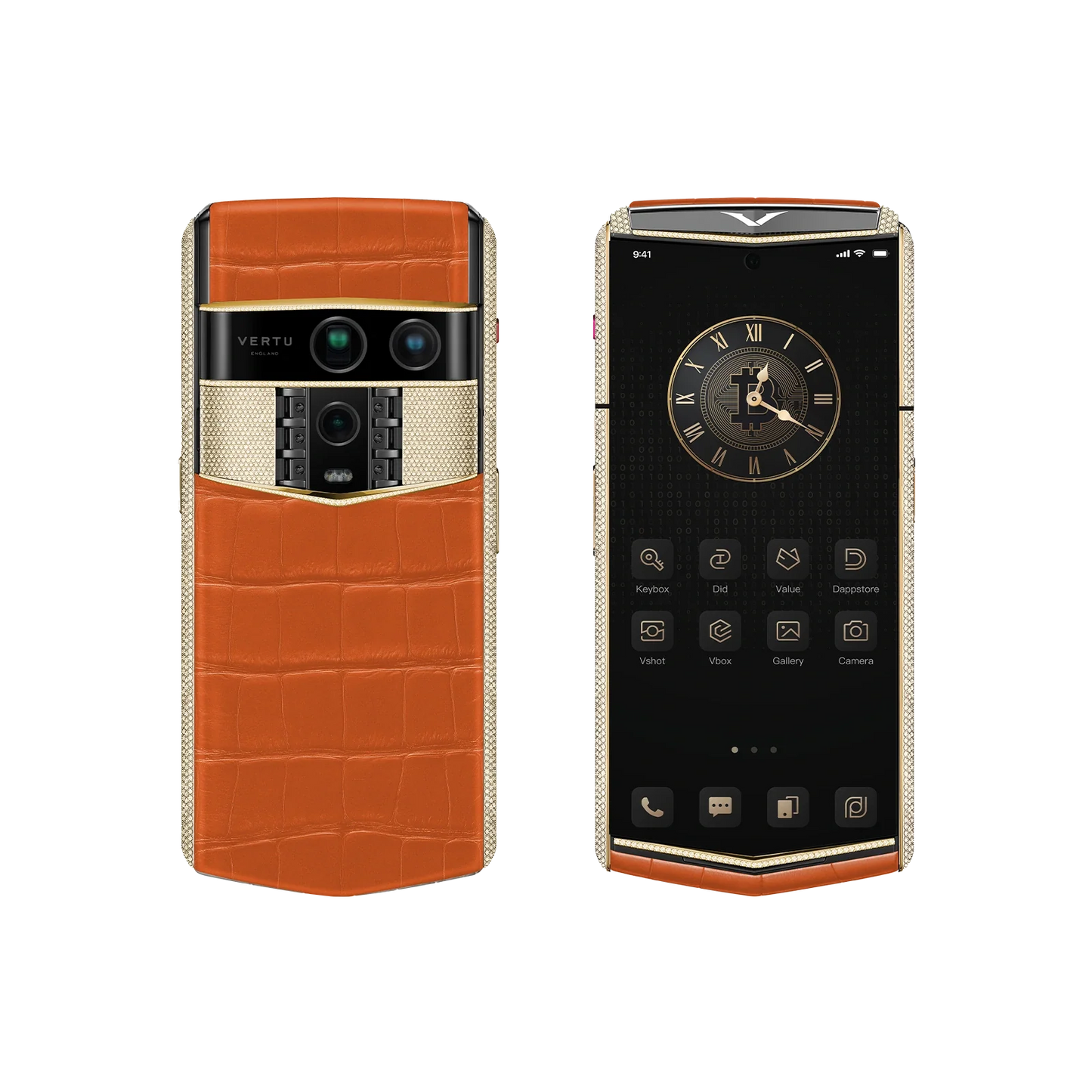 VERTU AGENT Q PHONE BESPOKE RADIANT PHOENIX GOLD & FULL DIAMOND ALLIGATOR SKIN, back panel with the screen alongside