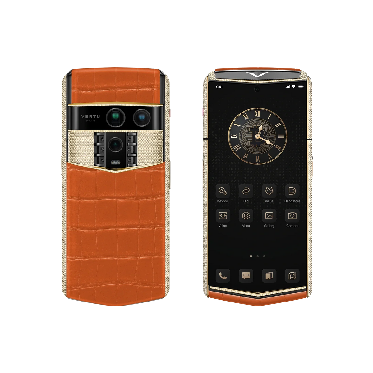 VERTU AGENT Q PHONE BESPOKE RADIANT PHOENIX GOLD & FULL DIAMOND ALLIGATOR SKIN, back panel with the screen alongside