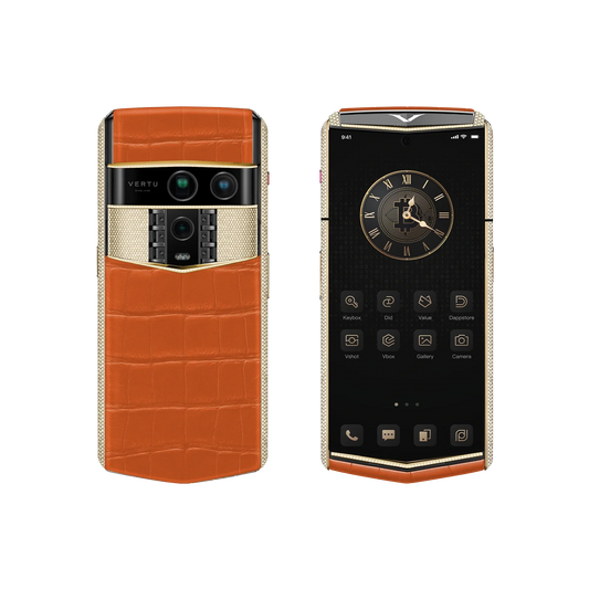 VERTU AGENT Q PHONE BESPOKE RADIANT PHOENIX GOLD & FULL DIAMOND ALLIGATOR SKIN, back panel with the screen alongside
