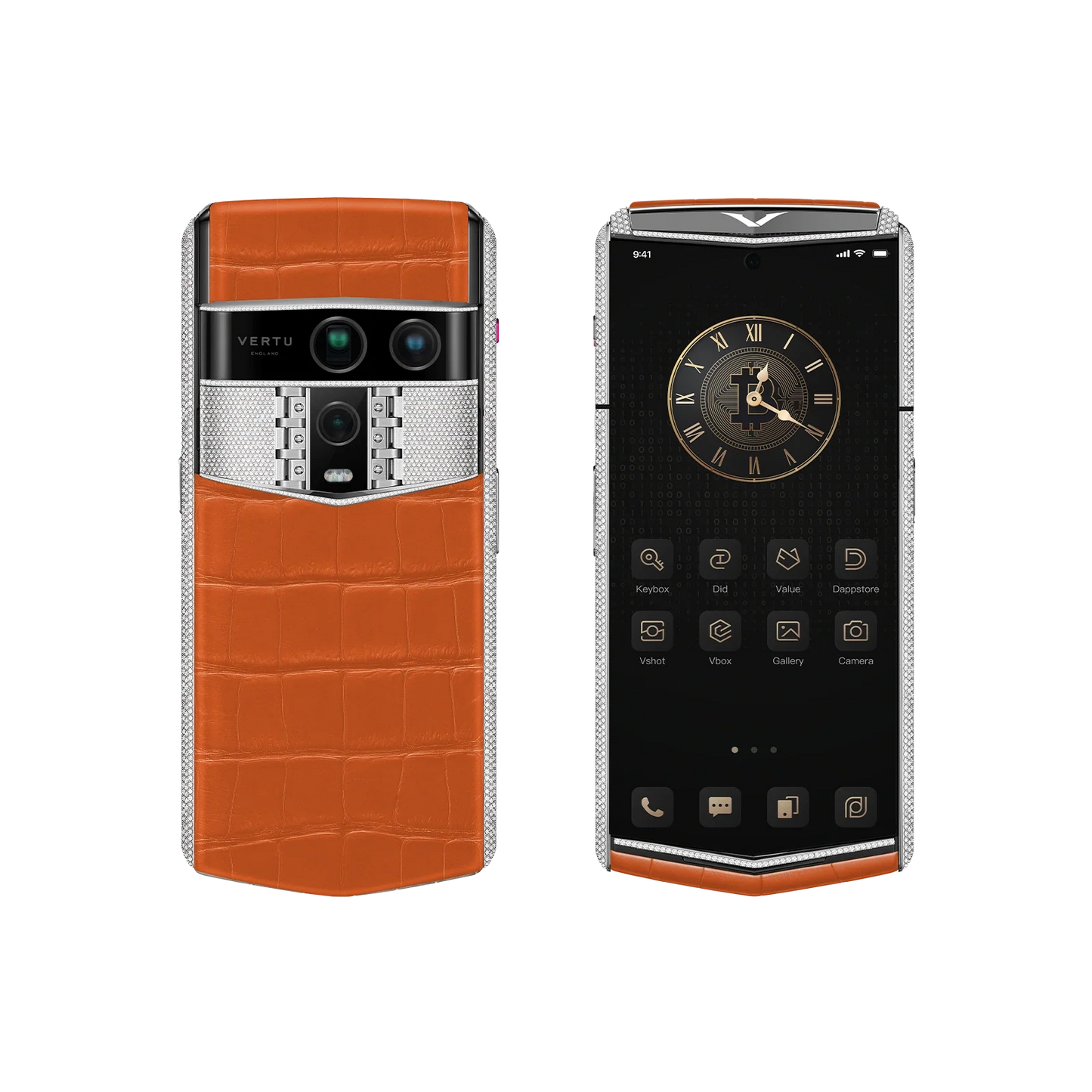 VERTU AGENT Q PHONE BESPOKE RADIANT PHOENIX WHITE GOLD & FULL DIAMOND ALLIGATOR SKIN, rear panel and screen