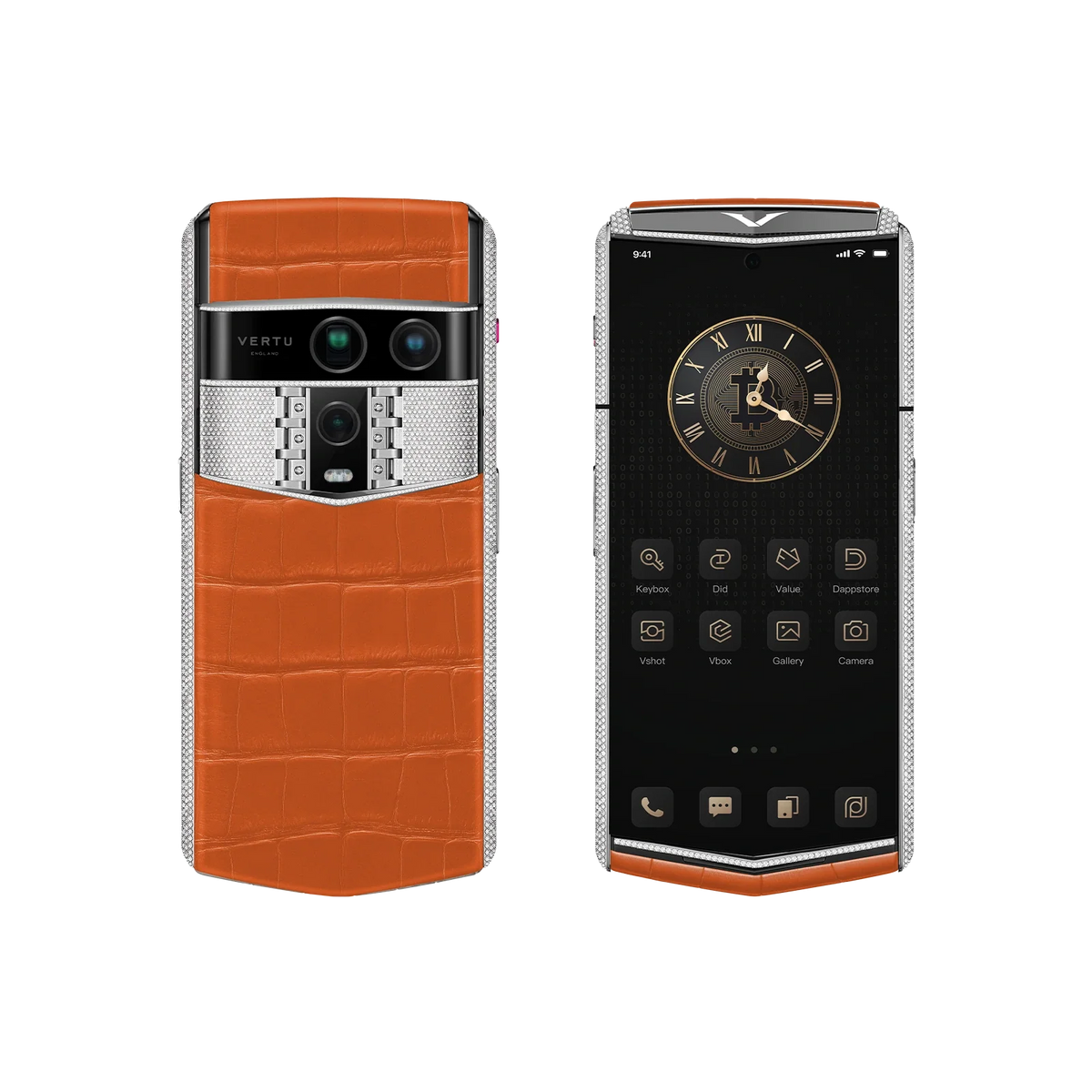 VERTU AGENT Q PHONE BESPOKE RADIANT PHOENIX WHITE GOLD & FULL DIAMOND ALLIGATOR SKIN, rear panel and screen
