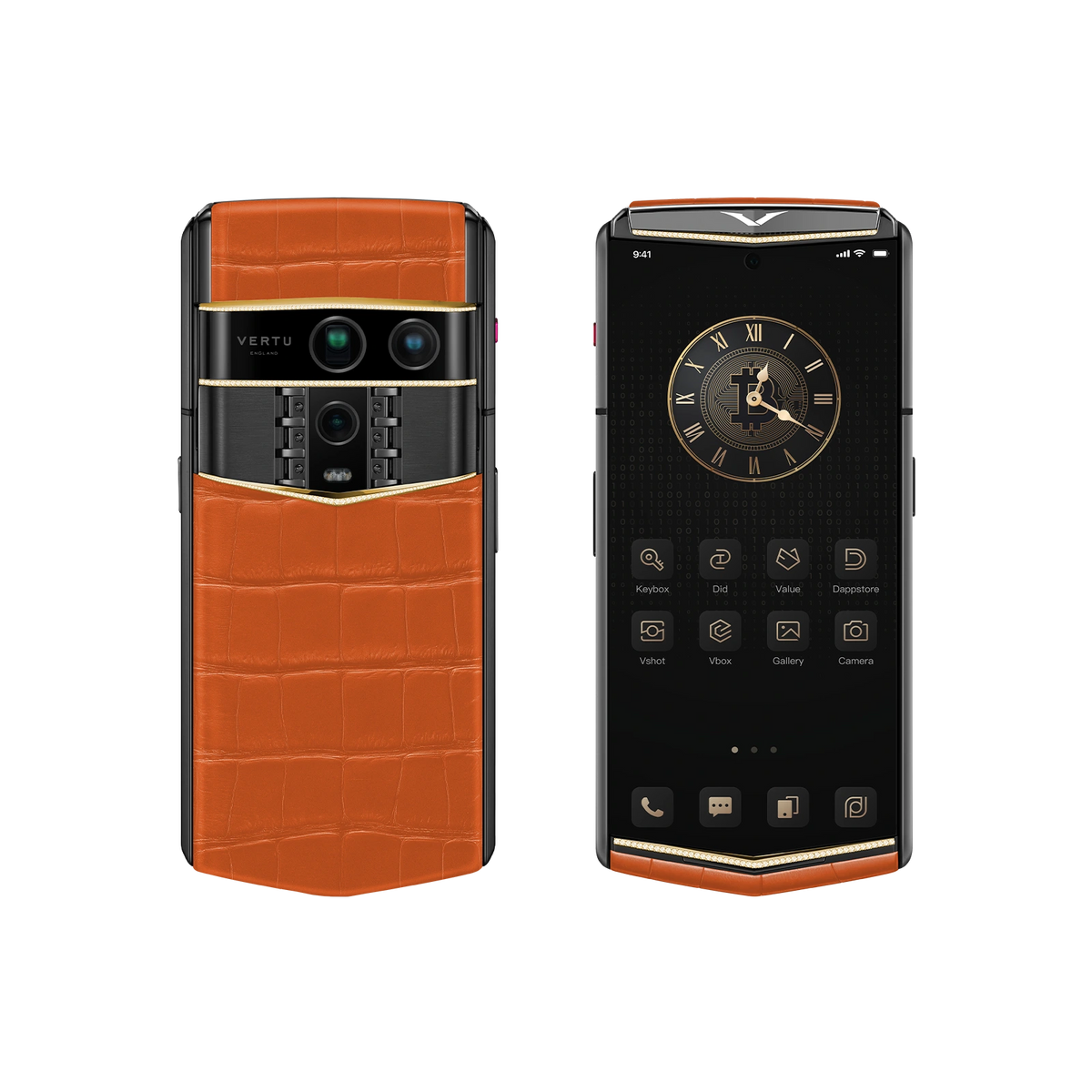 VERTU AGENT Q PHONE BESPOKE RADIANT PHOENIX GOLD V & DIAMOND ALLIGATOR SKIN, front and back