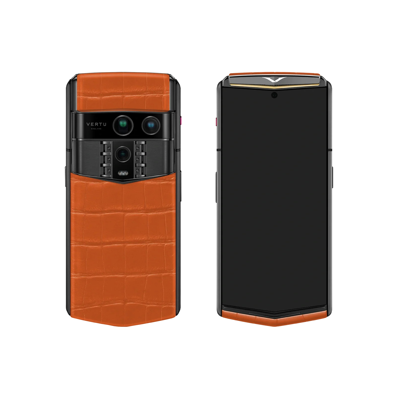 VERTU AGENT Q PHONE BESPOKE RADIANT PHOENIX GOLD I ALLIGATOR SKIN, close-up of the case with alligator leather and gold case