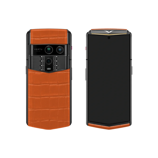VERTU AGENT Q PHONE BESPOKE RADIANT PHOENIX GOLD I ALLIGATOR SKIN, close-up of the case with alligator leather and gold case